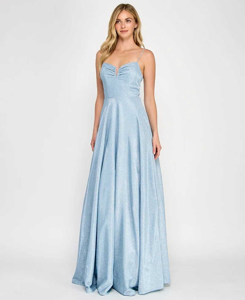 Crystal Doll Juniors' Rhinestone-Strap Glitter Gown
