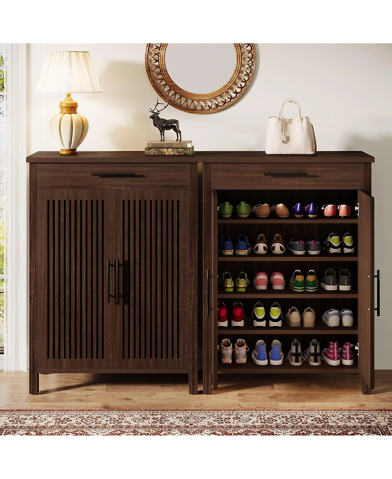 Tribesigns Shoe Cabinet, 5-Tier Shoe Storage Cabinet with Louvered Doors and Drawer, Freestanding Wooden Shoe Rack Organizer with Adjustable Shelves f