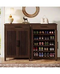 Tribesigns Shoe Cabinet, 5-Tier Shoe Storage Cabinet with Louvered Doors and Drawer, Freestanding Wooden Shoe Rack Organizer with Adjustable Shelves f