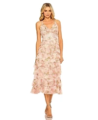 Mac Duggal Women's Sleeveless V Neck Floral Mesh Ruffle Midi Dress