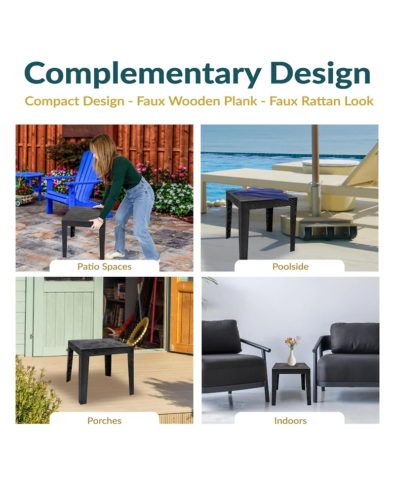 Square Patio Side Table - 16.75" Outdoor End Table - Weather-Resistant - Black Faux Plank Tabletop