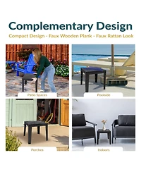 Square Patio Side Table - 16.75" Outdoor End Table - Weather-Resistant - Black Faux Plank Tabletop