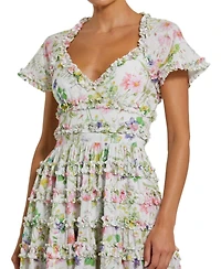 Mac Duggal Women's Cap Sleeve V Neck Open Back Floral Cotton Dress