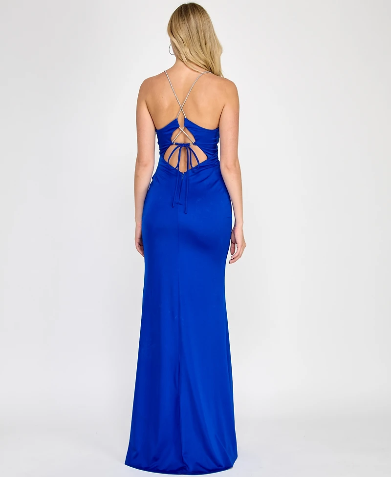 Crystal Doll Juniors' Rhinestone Lace-Up-Back Satin Gown