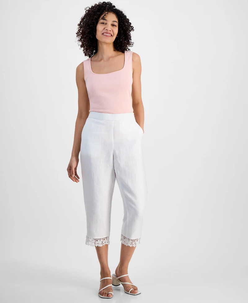 Charter Club Petite Lace-Trim Linen Cropped Pants, Exclusively at Macy's