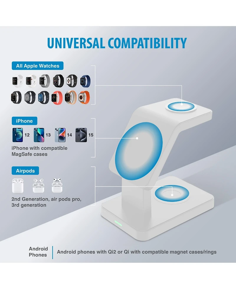 Brookstone 3-In-1 Wireless Charging Station for Phone, Apple Watch, and Apple Airpods with 4ft Cable