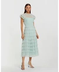 Mac Duggal Women's Solid Mesh Dot Micro Ruffle High Neck Midi Dress