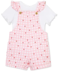 Little Me Baby Girls 2-Pc. T-Shirt & Strawberry Check Shortall Set