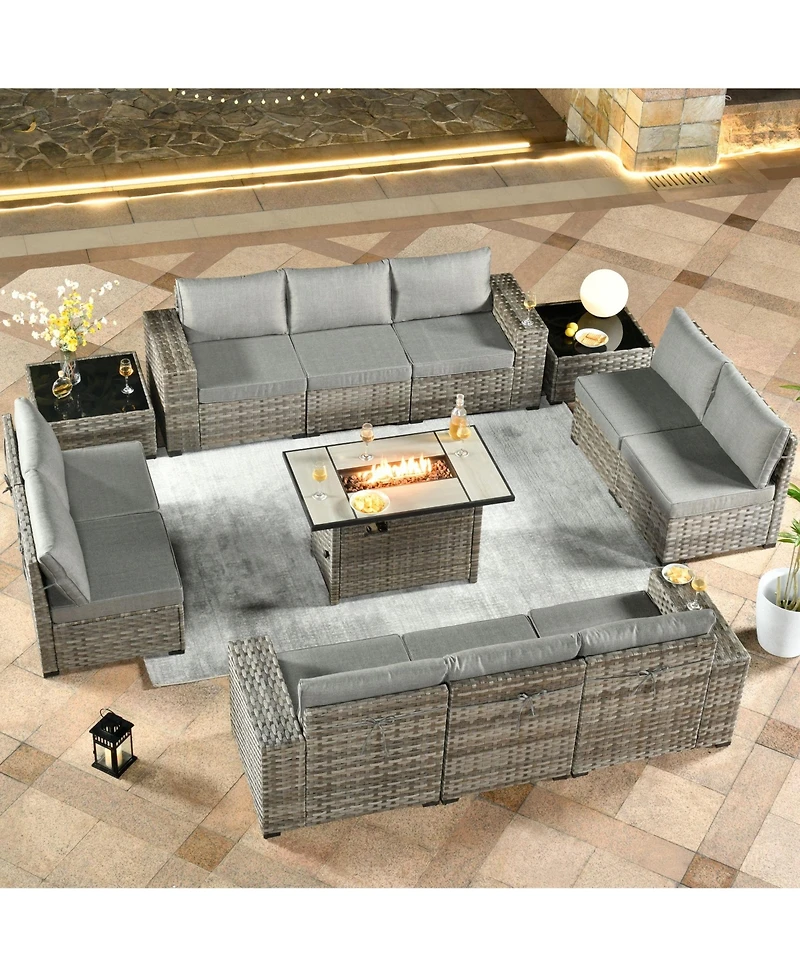Xizzi 13 Pieces Patio Furniture Set,Outdoor Sectional Sofa Couch Set,Modern Conversation Set with Rectangular Fire Pit Table,Wide Armrests and D