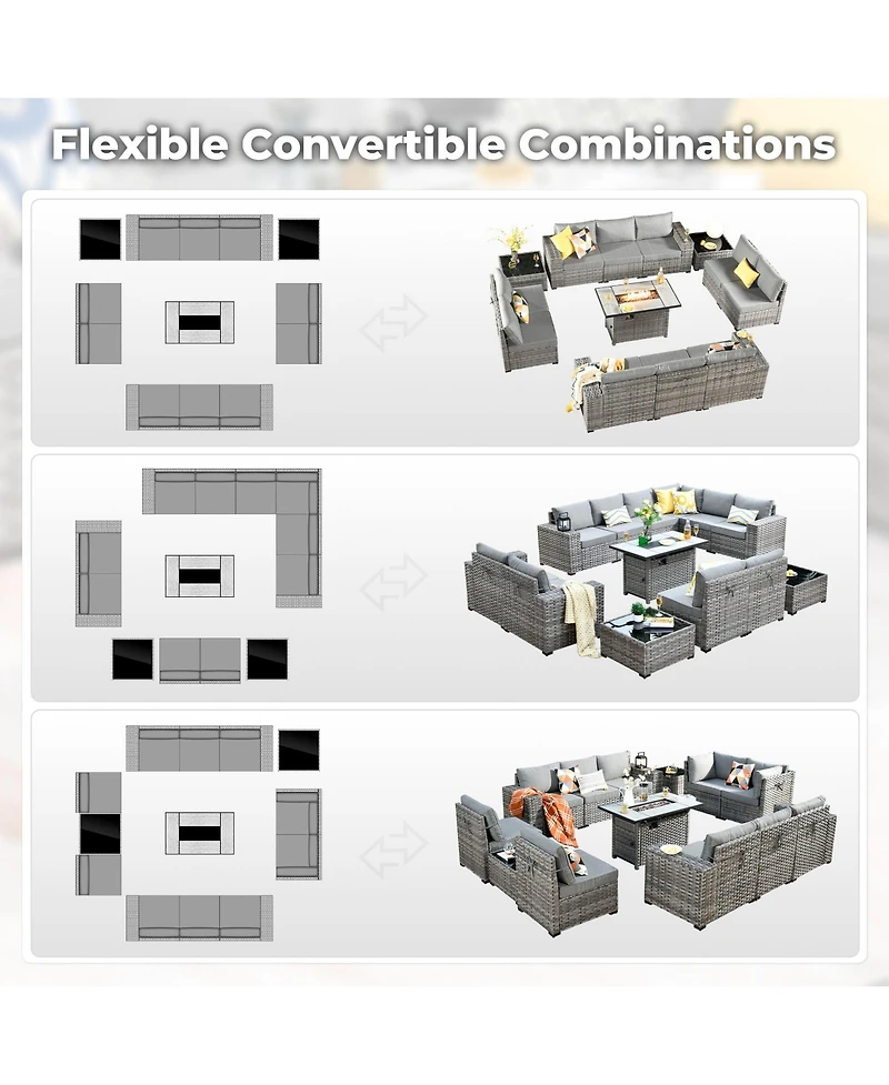 Xizzi 13 Pieces Patio Furniture Set,Outdoor Sectional Sofa Couch Set,Modern Conversation Set with Rectangular Fire Pit Table,Wide Armrests and D