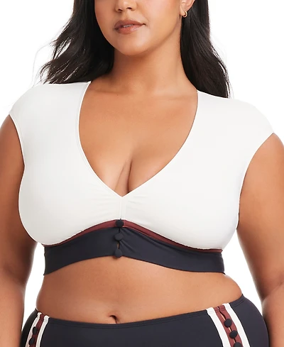 Bleu by Rod Beattie Plus Button-Down Cap-Sleeve Cropped Swim Top