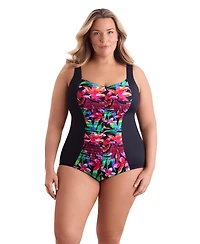 ShapeSolver by Mimi Flamingo Women's Secret Jungle Shirred Front Princess Seam Girl Leg One Piece Swimsuit