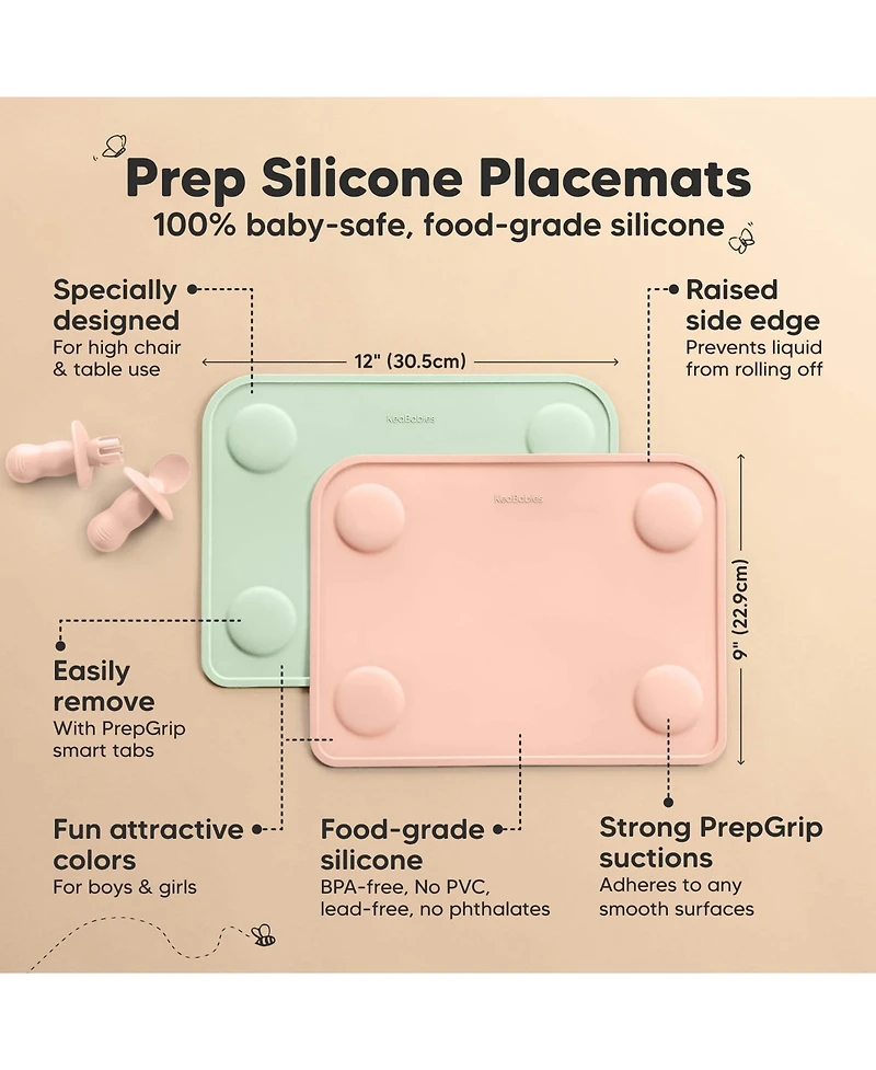 KeaBabies 2-Pack Prep Silicone Placemats for Toddlers, Kids, Non Slip Suction Dining Table Baby Placemat, Easy to Clean