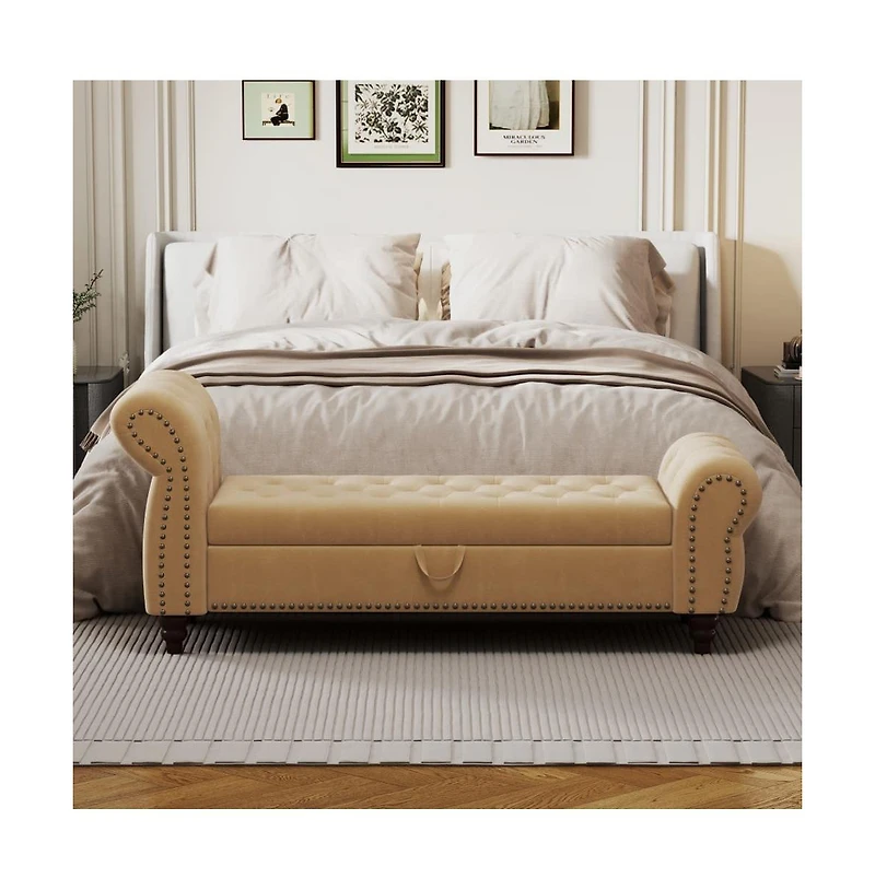 64.5 Inch Velvet Upholstered Storage Bench, Tufted Bed Bench with Nailhead Trim for Bedroom-The Pop Home