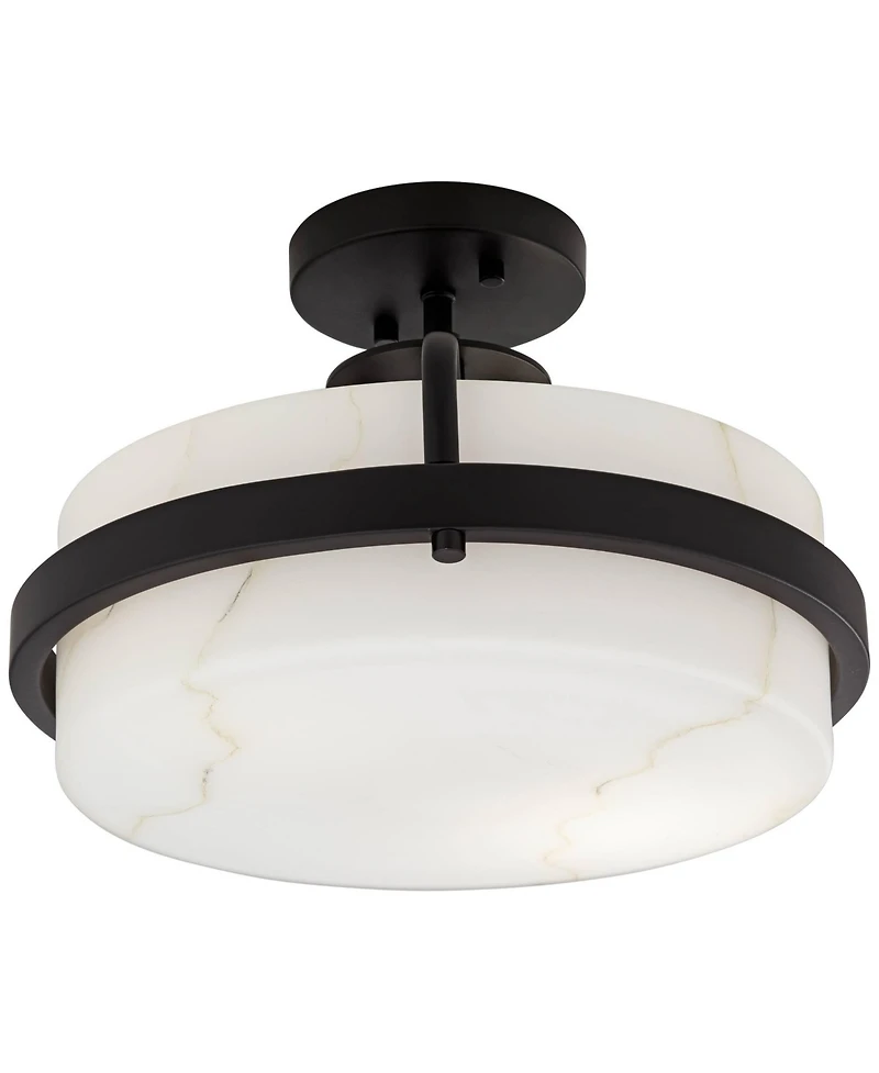 Bregman 13" Modern Semi Flush-Mount Ceiling Light Fixture Kitchen Foyer Hallway Drum Round Black Finish White Stone Glass Metal Bedroom Bathroom