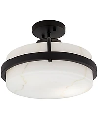 Bregman 13" Modern Semi Flush-Mount Ceiling Light Fixture Kitchen Foyer Hallway Drum Round Black Finish White Stone Glass Metal Bedroom Bathroom