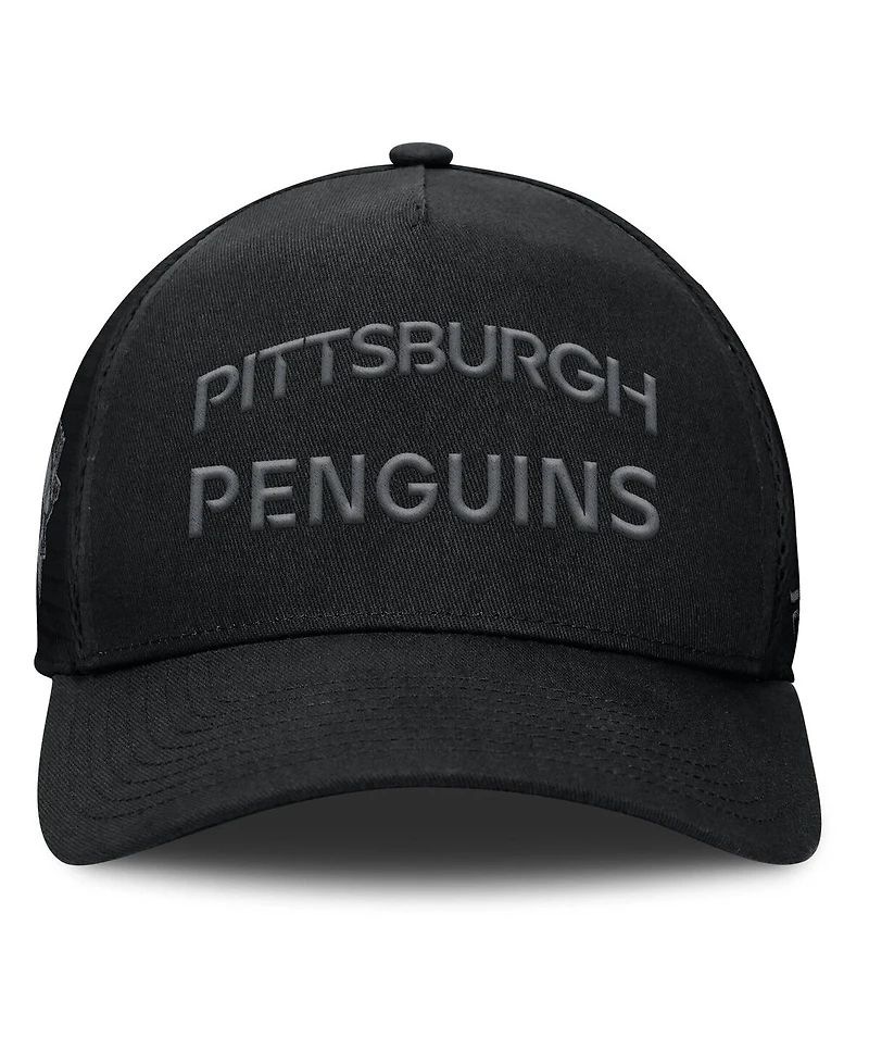 Fanatics Men's Black Pittsburgh Penguins Authentic Pro Road Stack Text A-Frame Adjustable Hat