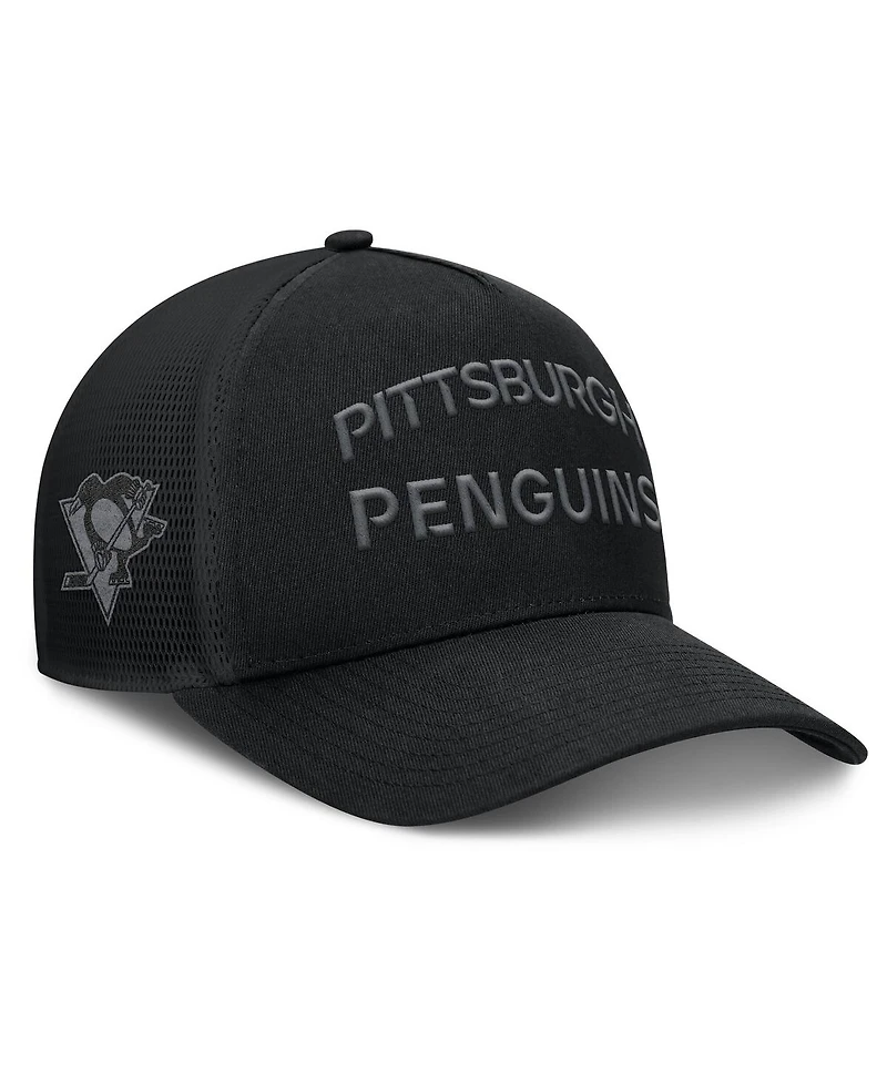 Fanatics Men's Black Pittsburgh Penguins Authentic Pro Road Stack Text A-Frame Adjustable Hat
