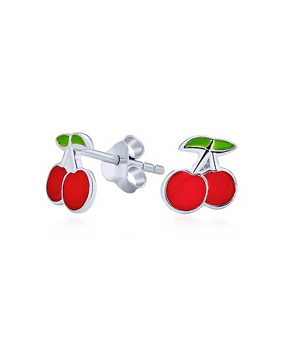 Bling Jewelry Tiny Small Summer Fruit Red Enamel Cherry Stud Earrings .925 Sterling Silver