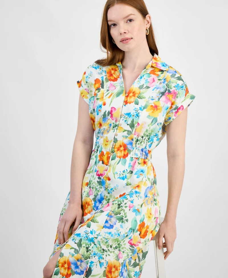 T Tahari Women's Collared V-Neck Cap-Sleeve Midi Dress