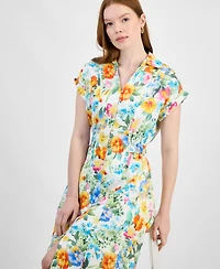 T Tahari Women's Collared V-Neck Cap-Sleeve Midi Dress