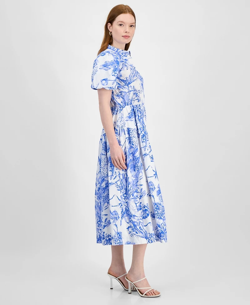 T Tahari Women's Puff-Sleeve Button-Front Midi Dress
