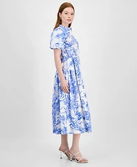 T Tahari Women's Puff-Sleeve Button-Front Midi Dress