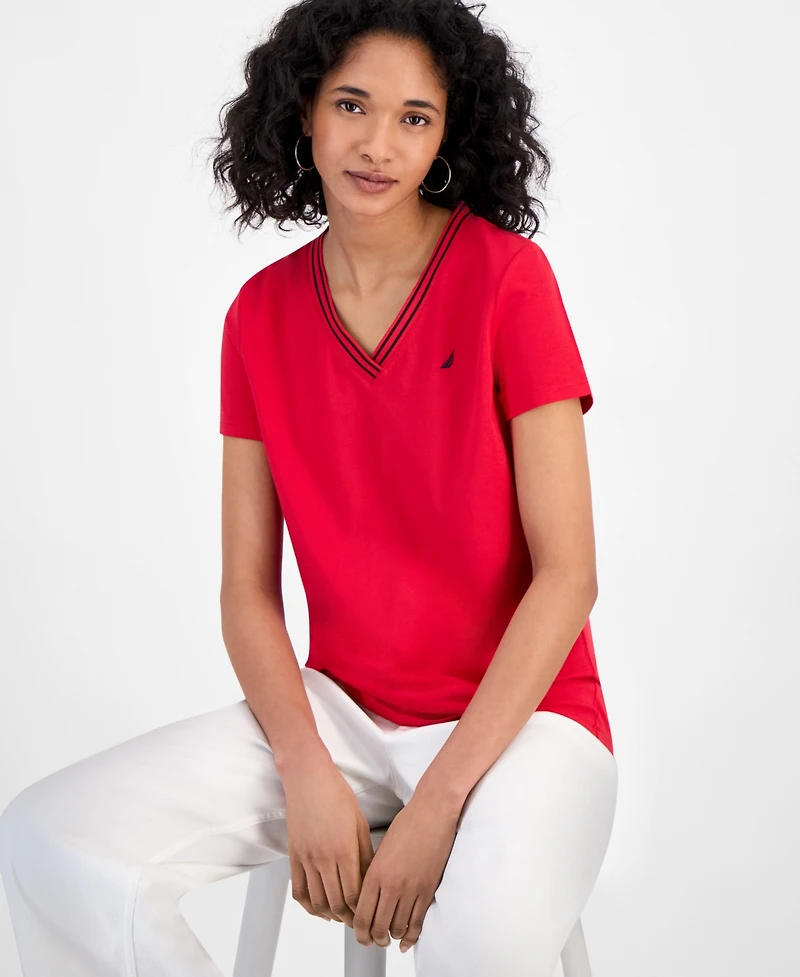 Nautica Jeans Women's Solid Stripe-Trim V-Neck