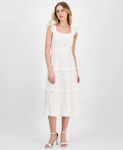 Anne Klein Women's Eyelet Square-Neck Tiered Midi Dress