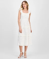 Anne Klein Women's Eyelet Square-Neck Tiered Midi Dress