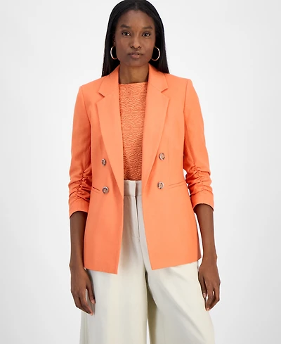 Bar Iii Women's Ruched-Sleeve Open-Front Linen Blazer, Exclusively at Macy's
