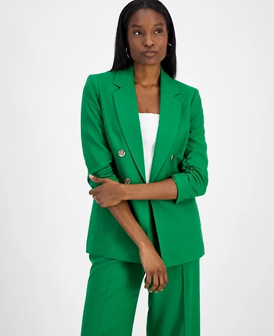 Bar Iii Women's Ruched-Sleeve Open-Front Linen Blazer, Exclusively at Macy's