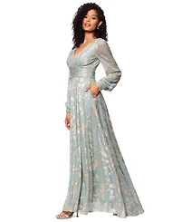 Betsy & Adam Women's Metallic V-Neck Ruched-Waist Gown