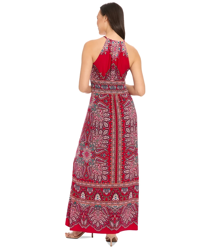 London Times Petite Paisley-Print Halter Maxi Dress