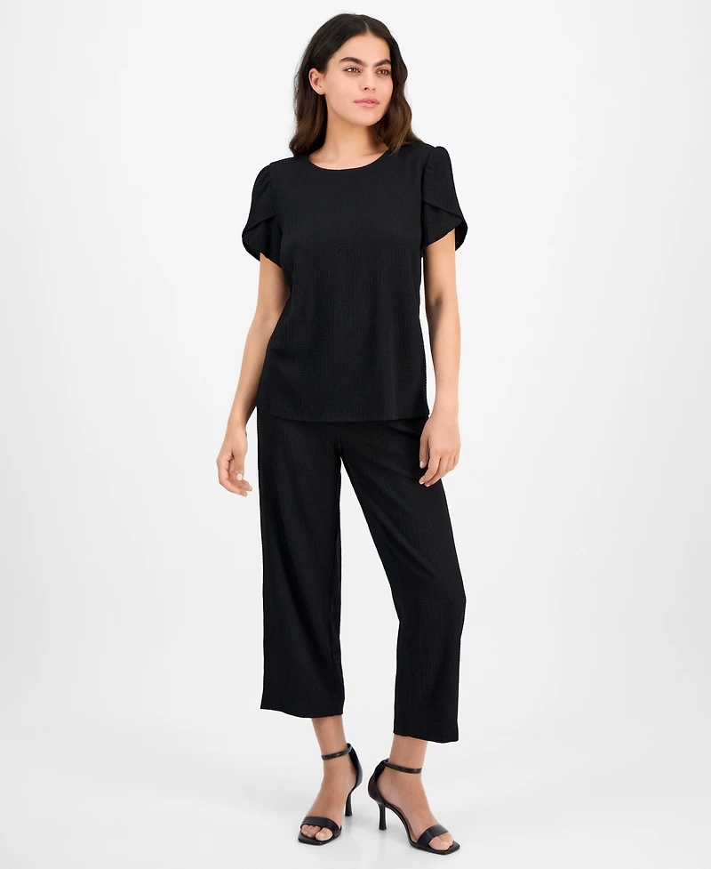 Ak Anne Klein Petite Textured Tulip-Sleeve Jewel-Neck Top