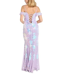Morgan & Company Juniors' Sequined Floral Lace-Up Gown