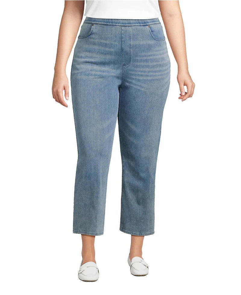 Lands' End Plus Starfish High Rise Knit Denim Straight Crop Jeans