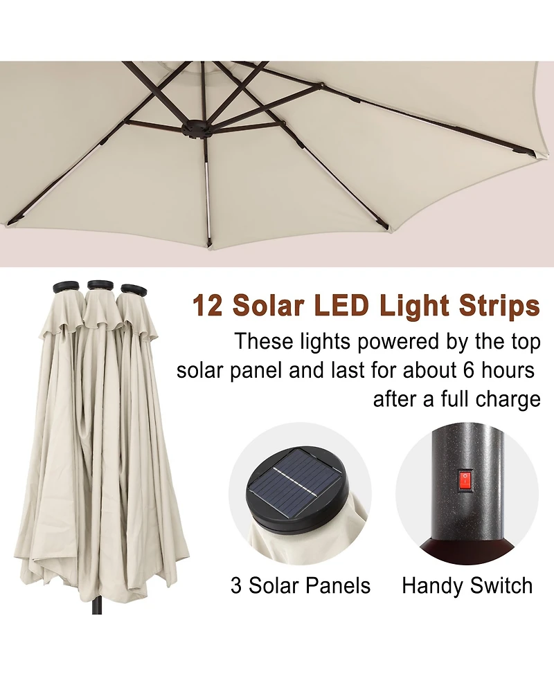Mondawe 15 ft Solar Led Double Sided Twin Outdoor Patio Market Umbrella with Base Weight Included