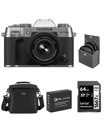 Fujifilm X-T50 Mirrorless Camera with Xc 15-45mm f/3.5-5.6 Ois Pz Lens, Silver, Bundle with Li-Ion Battery, 64GB Sdxc Memory Card and 52mm Filter Kit