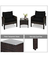 Gymax 3PCS Patio Rattan Conversation Furniture Set Yard Outdoor w/ Cushions Coffee Table