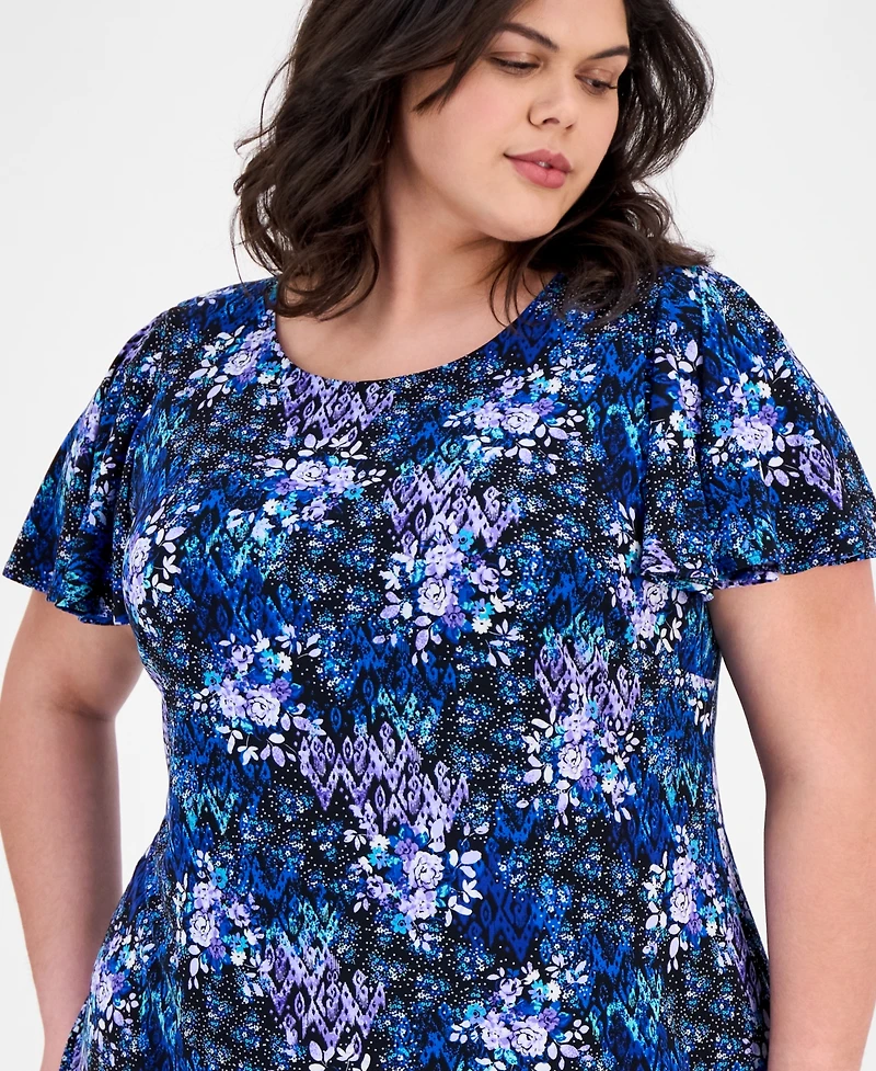 Connected Plus Size Printed Scoop-Neck Flutter-Sleeve Shift Dress