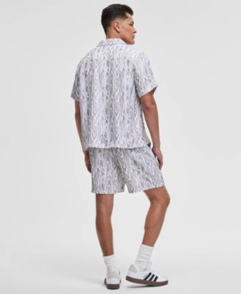 Mode Of One Mens Woodgrain Relaxed Fit Printed Button Down Shiny Twill Camp Shirt Relaxed Fit Printed 6 1 2 Shiny Twill Shorts Exclusively At Macys