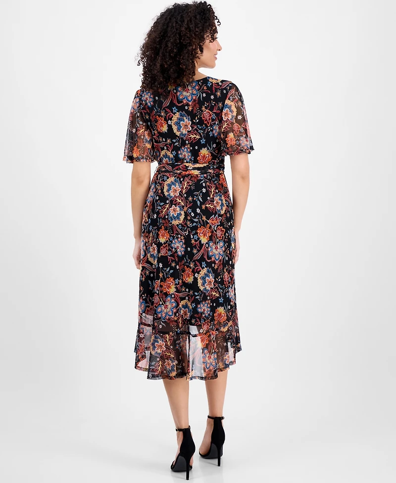 Connected Petite Printed Mesh High-Low Faux-Wrap Dress