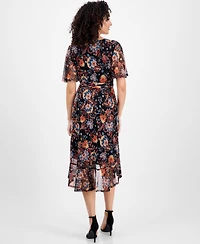 Connected Petite Printed Mesh High-Low Faux-Wrap Dress