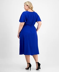 Connected Plus Size Tie-Waist Flutter-Sleeve Midi Dress