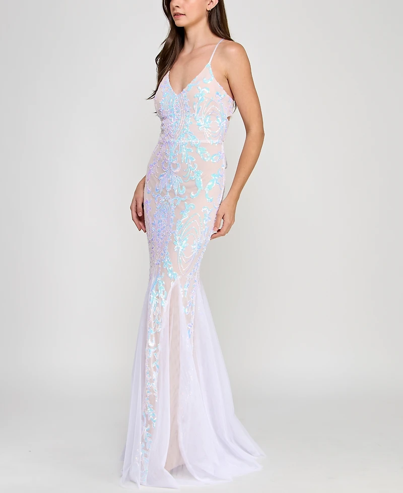 Crystal Doll Juniors' Lace-Up-Back Sequin Mesh Gown