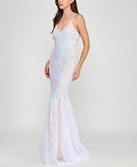Crystal Doll Juniors' Lace-Up-Back Sequin Mesh Gown
