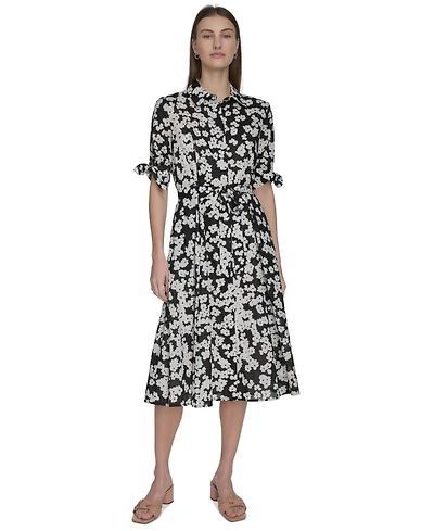 Calvin Klein Women's Cotton Floral Tie-Cuff Shirtdress