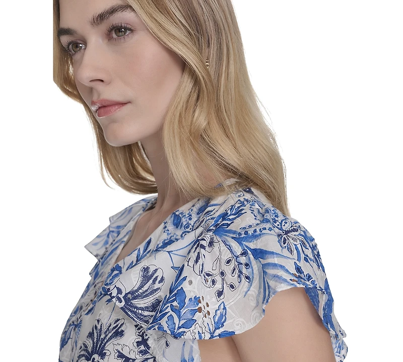 Eliza J Petite Floral Flutter-Sleeve Smocked-Waist Dress