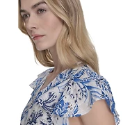 Eliza J Petite Floral Flutter-Sleeve Smocked-Waist Dress
